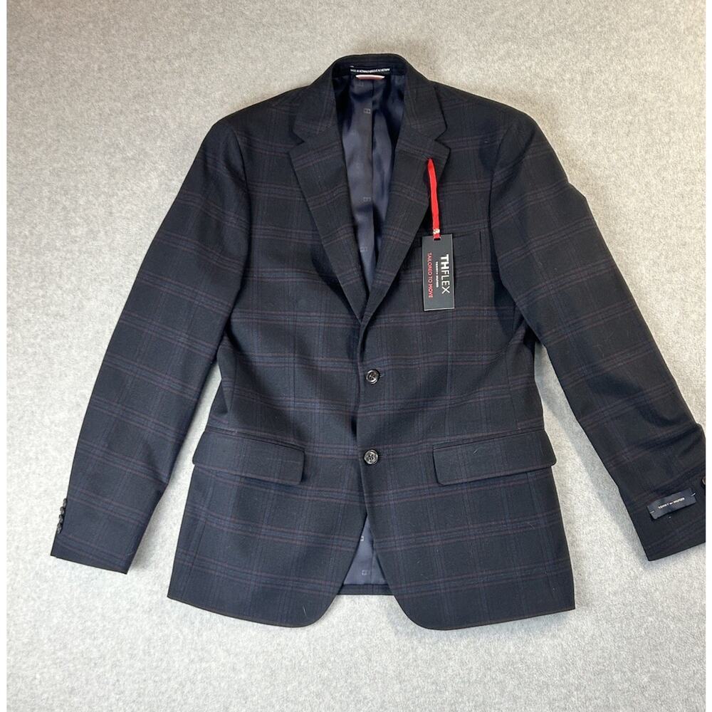 SOLD Tommy Hilfiger Flex Tailored Move Blazer 38R Navy TH Burgundy Plaid Conrad